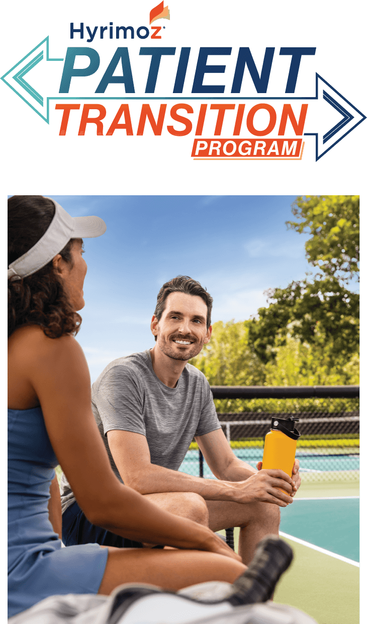 HYRIMOZ® Patient Transition program logo and man and woman sitting at pickleball court