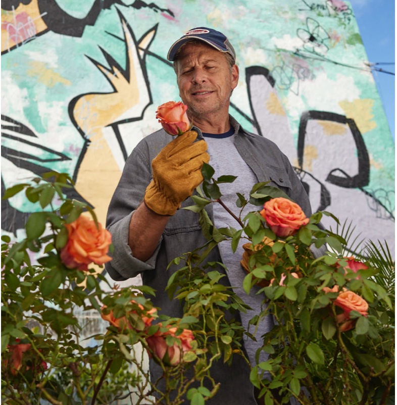 Man outside looking at flowers mobile