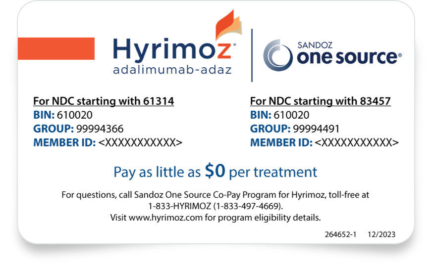 Hyrimoz® adalimumab-adaz SANDOZ one source®, Pay as little as $0 per treatment For questions, call Sandoz One Source Co-Pay Program for Hyrimoz, toll-free at 1-833-HYRIMOZ (1-833-497-4669). Visit www.hyrimoz.com for program eligibility details.